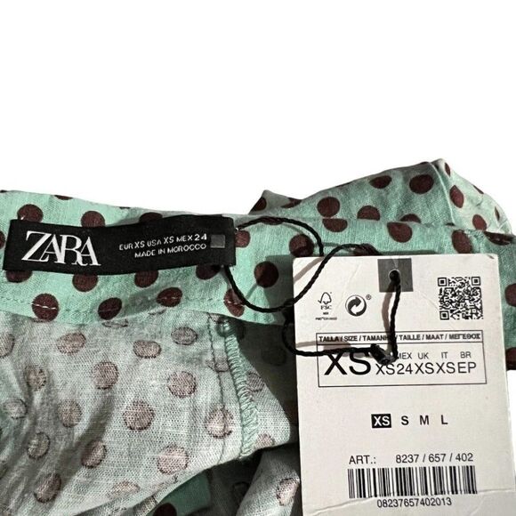 Zara Linen Polka Dot Skirt Midi Slit Ruched Brown Mini Pin Up Summer Rockabilly - Picture 8 of 10